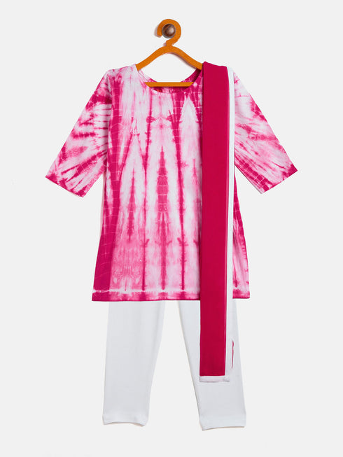Vastramay SISHU Girls Pink & White Pure Cotton Tie-Dye Kurta Leggings & Dupatta Set